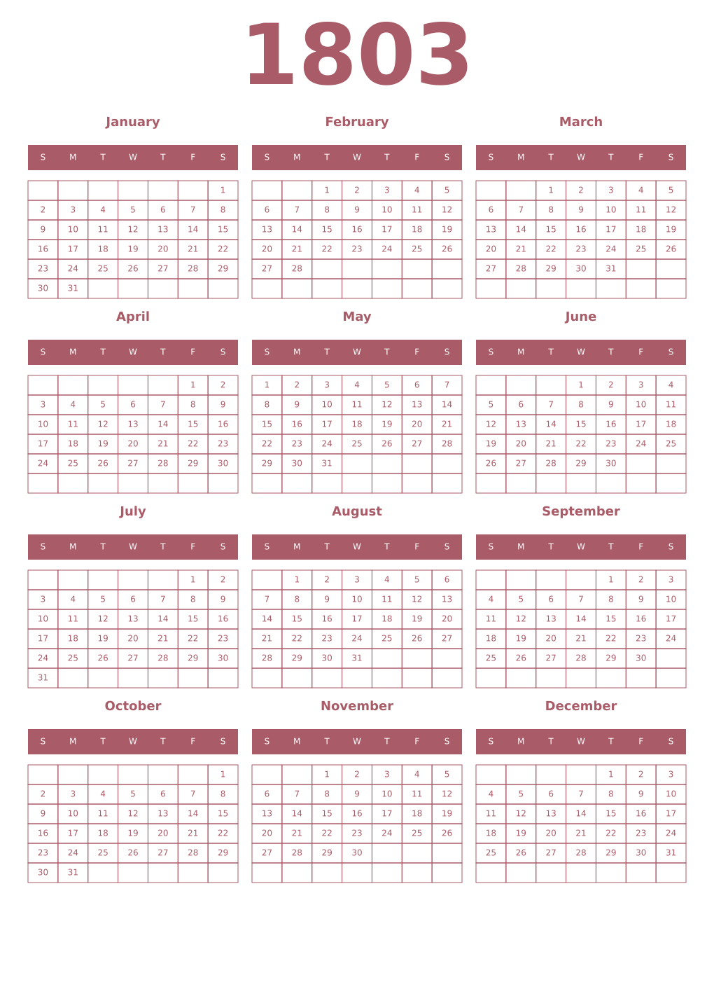 Printable 1803 Year Calendars puce