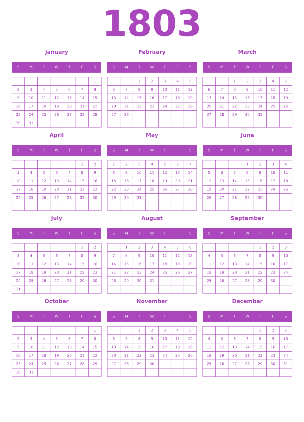 Printable 1803 Year Calendars purple