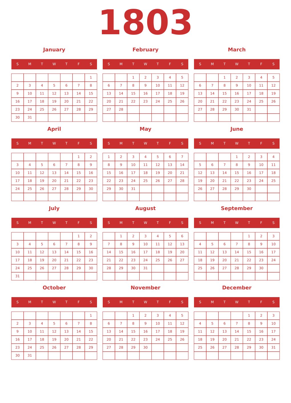 Printable 1803 Year Calendars red