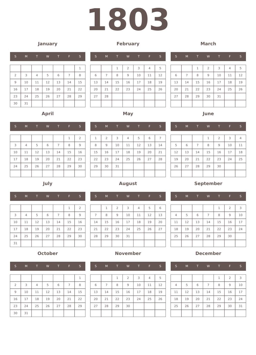 Printable 1803 Year Calendars wenge