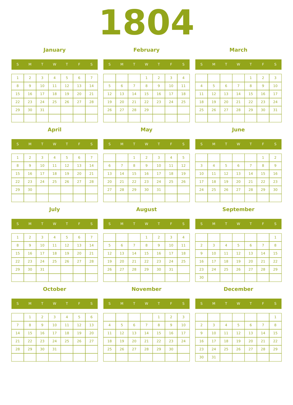 Printable 1804 Year Calendars chartreuse