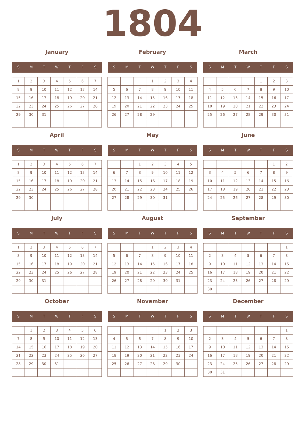 Printable 1804 Year Calendars coffe