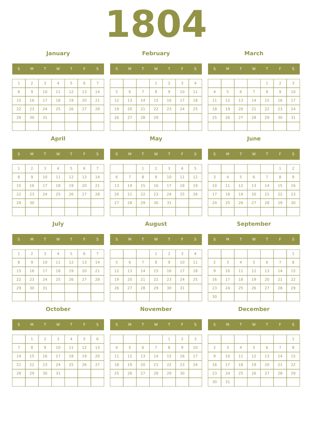 Printable 1804 Year Calendars eburnean