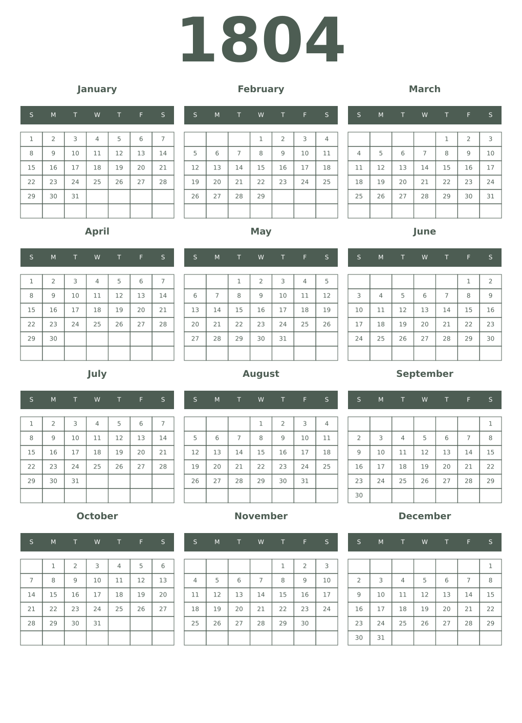 Printable 1804 Year Calendars feldgrau