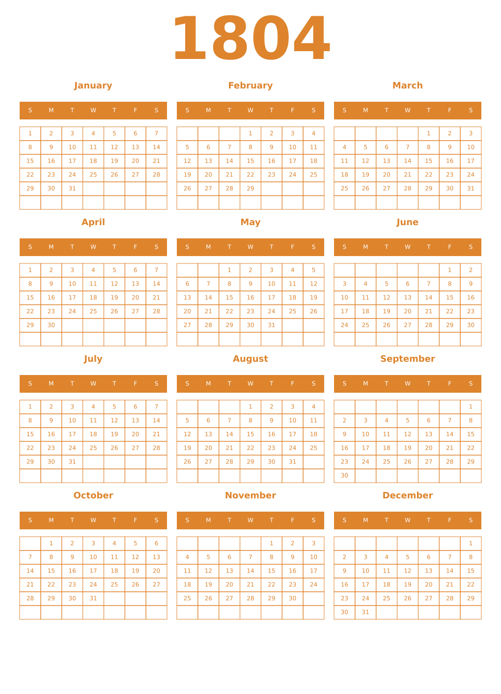 Printable 1804 Year Calendars orange