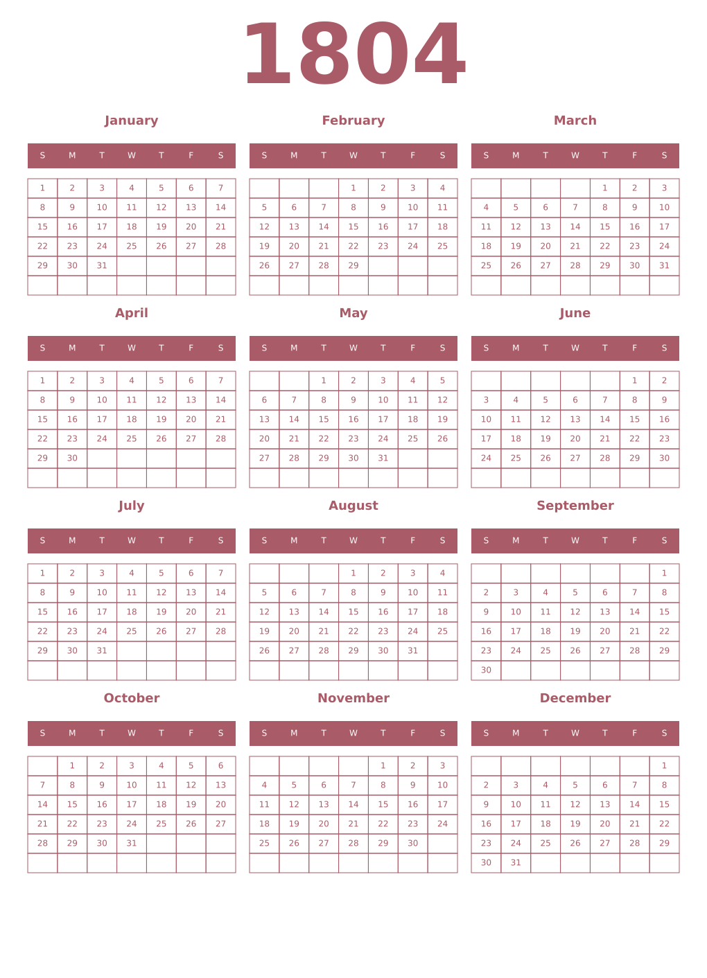 Printable 1804 Year Calendars puce