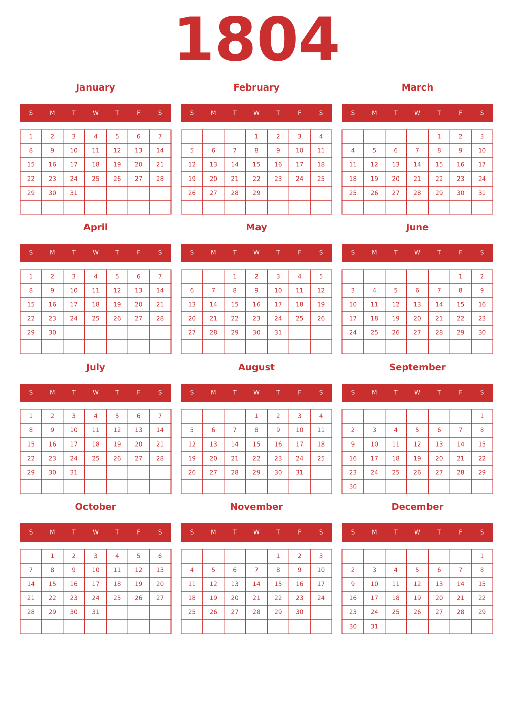 Printable 1804 Year Calendars red