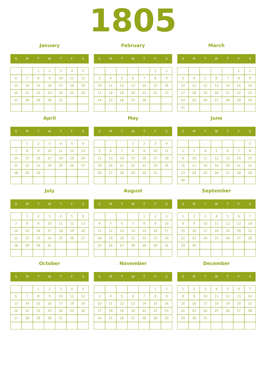 Printable 1805 Year Calendars chartreuse