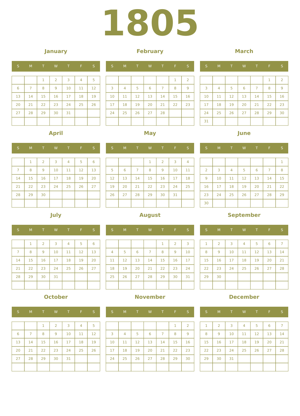 Printable 1805 Year Calendars eburnean