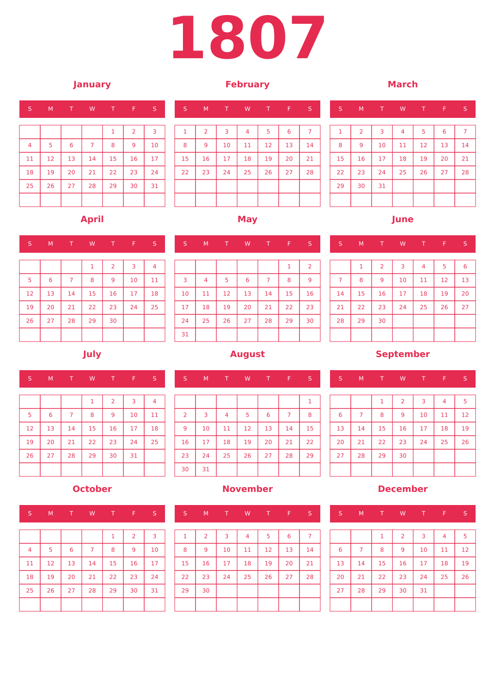 Printable 1807 Year Calendars amaranth