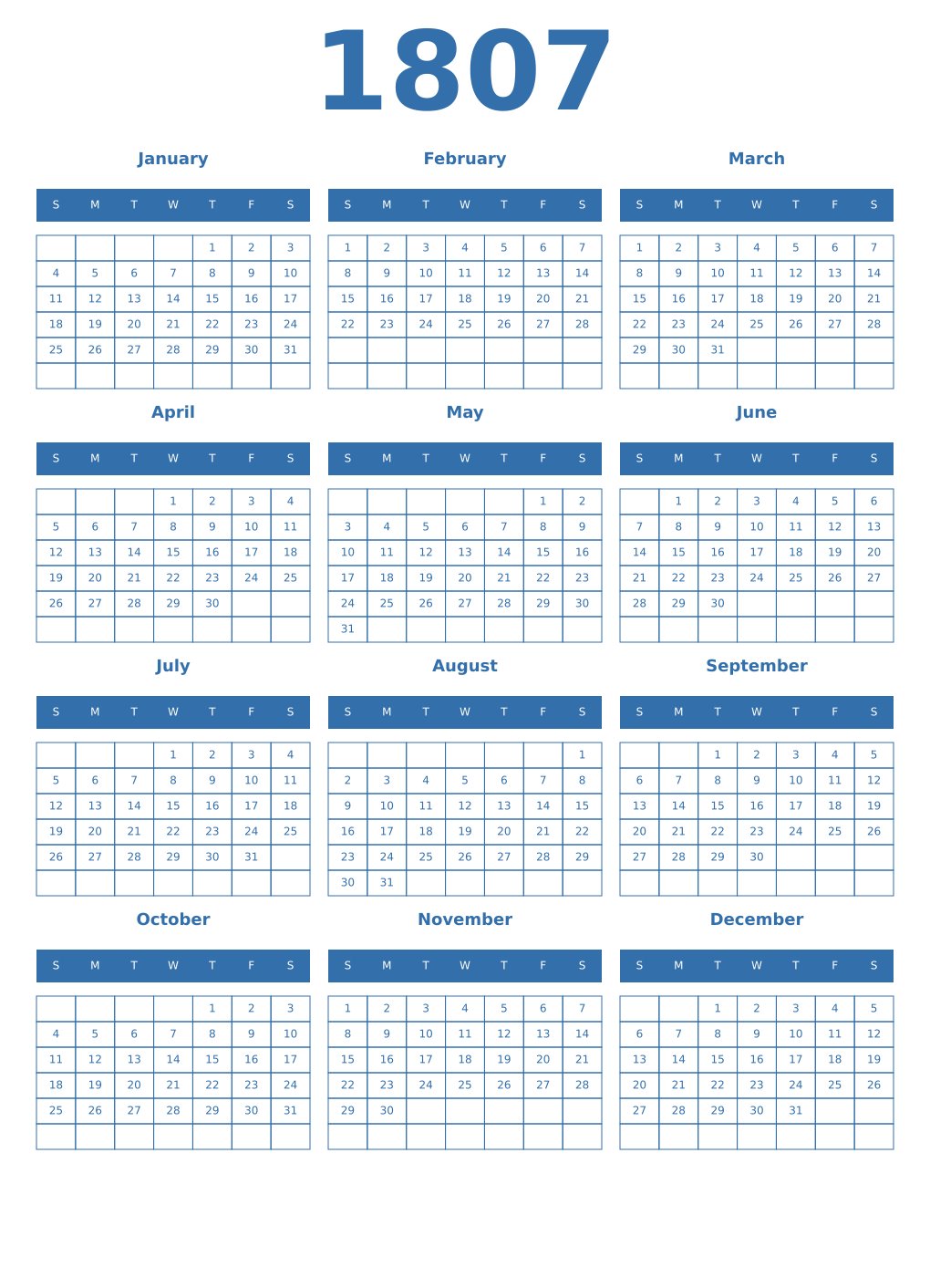 Printable 1807 Year Calendars blue