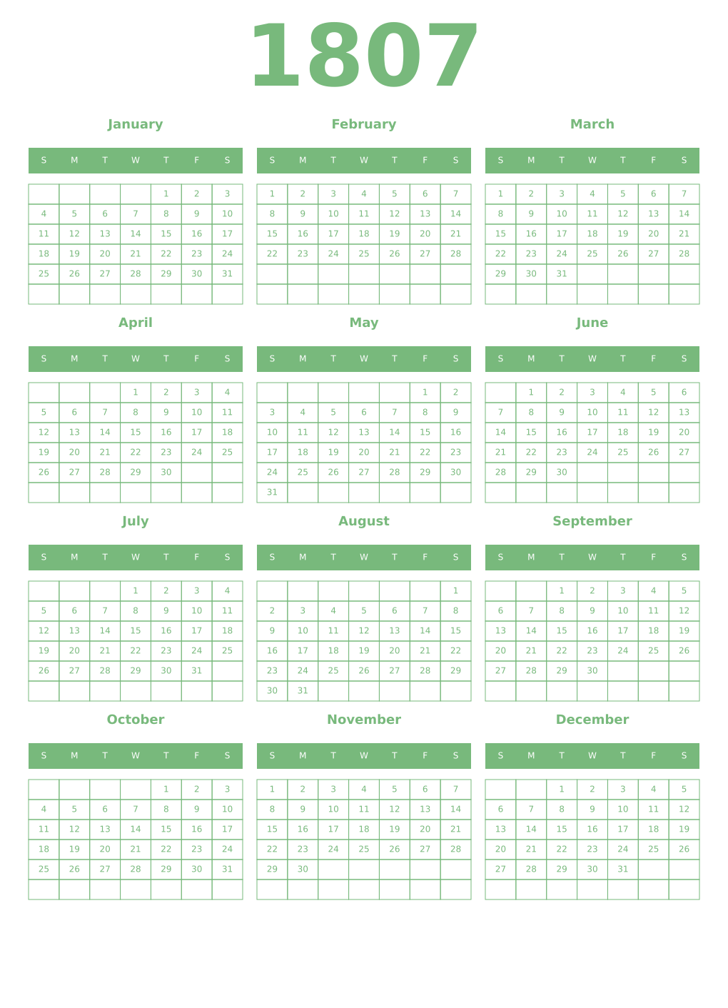 Printable 1807 Year Calendars celadon