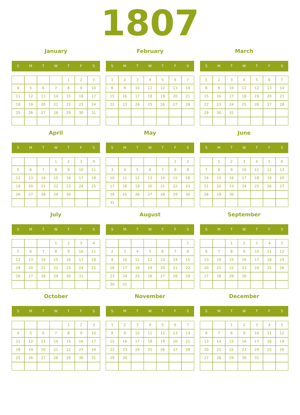 Printable 1807 Year Calendars chartreuse