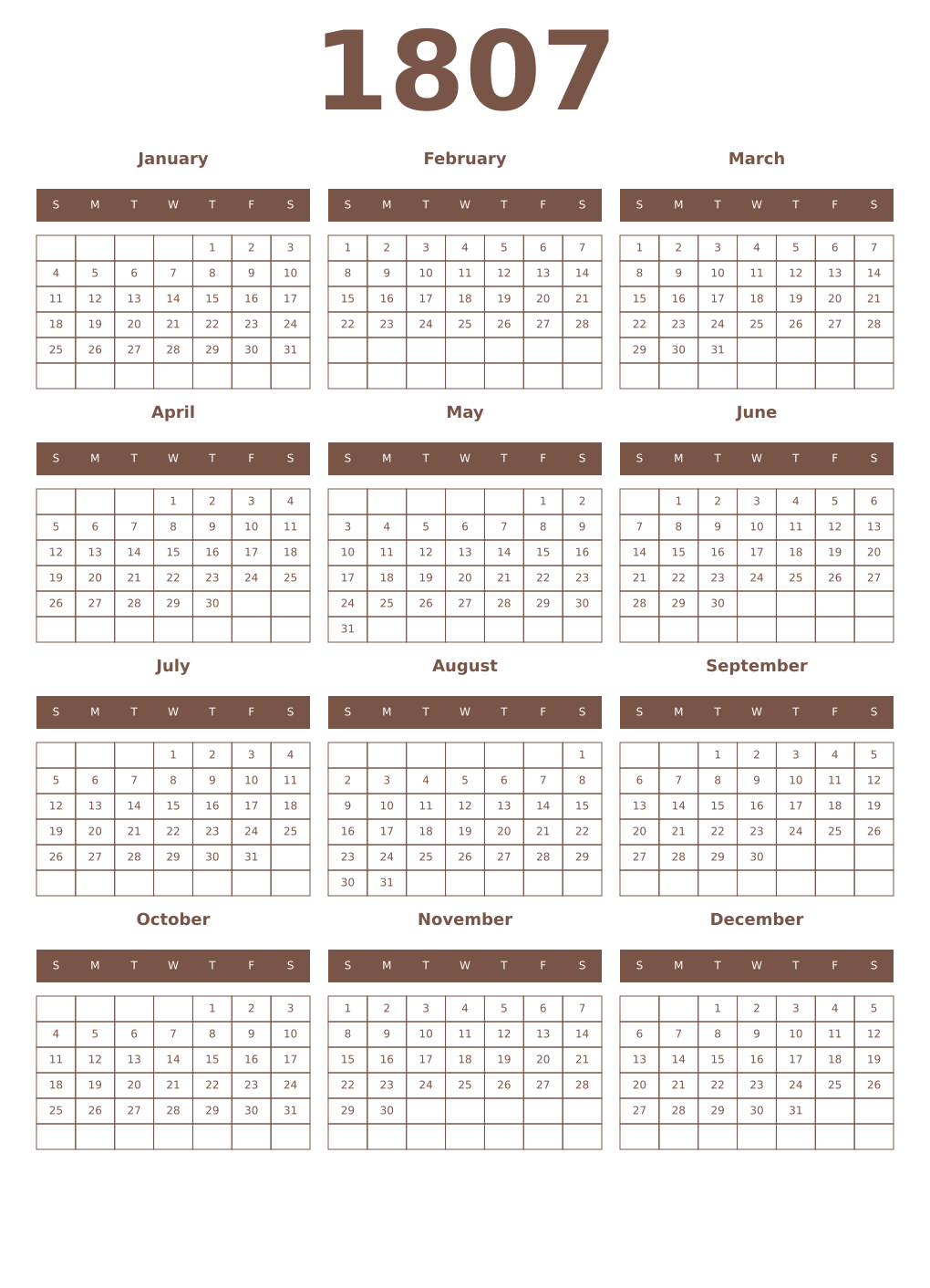 Printable 1807 Year Calendars coffe