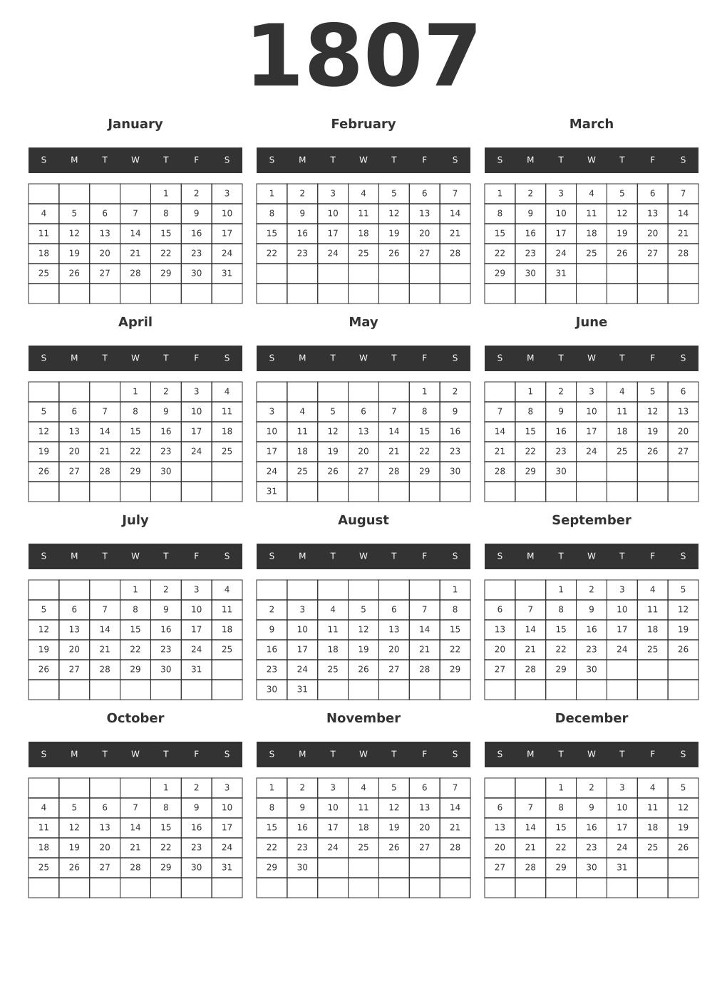 Printable 1807 Year Calendars dark