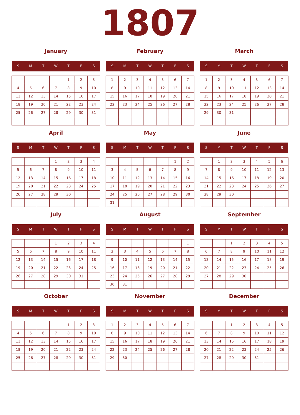 Printable 1807 Year Calendars falu