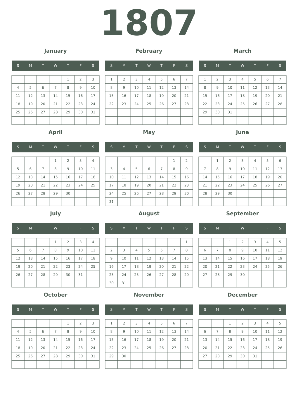 Printable 1807 Year Calendars feldgrau