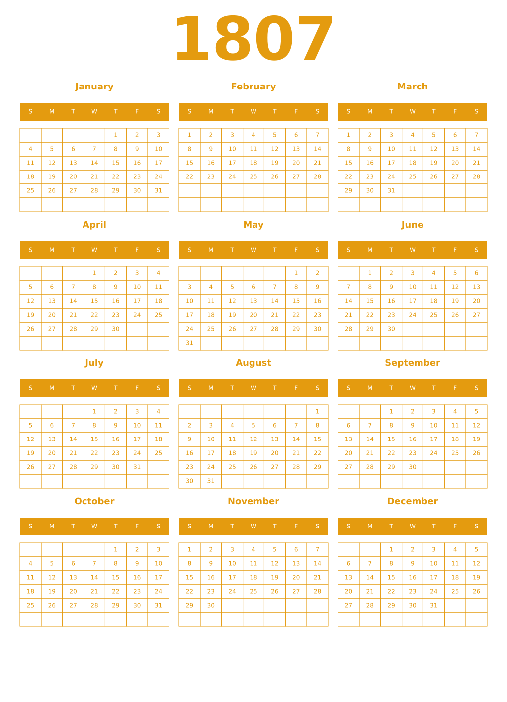 Printable 1807 Year Calendars gamboge