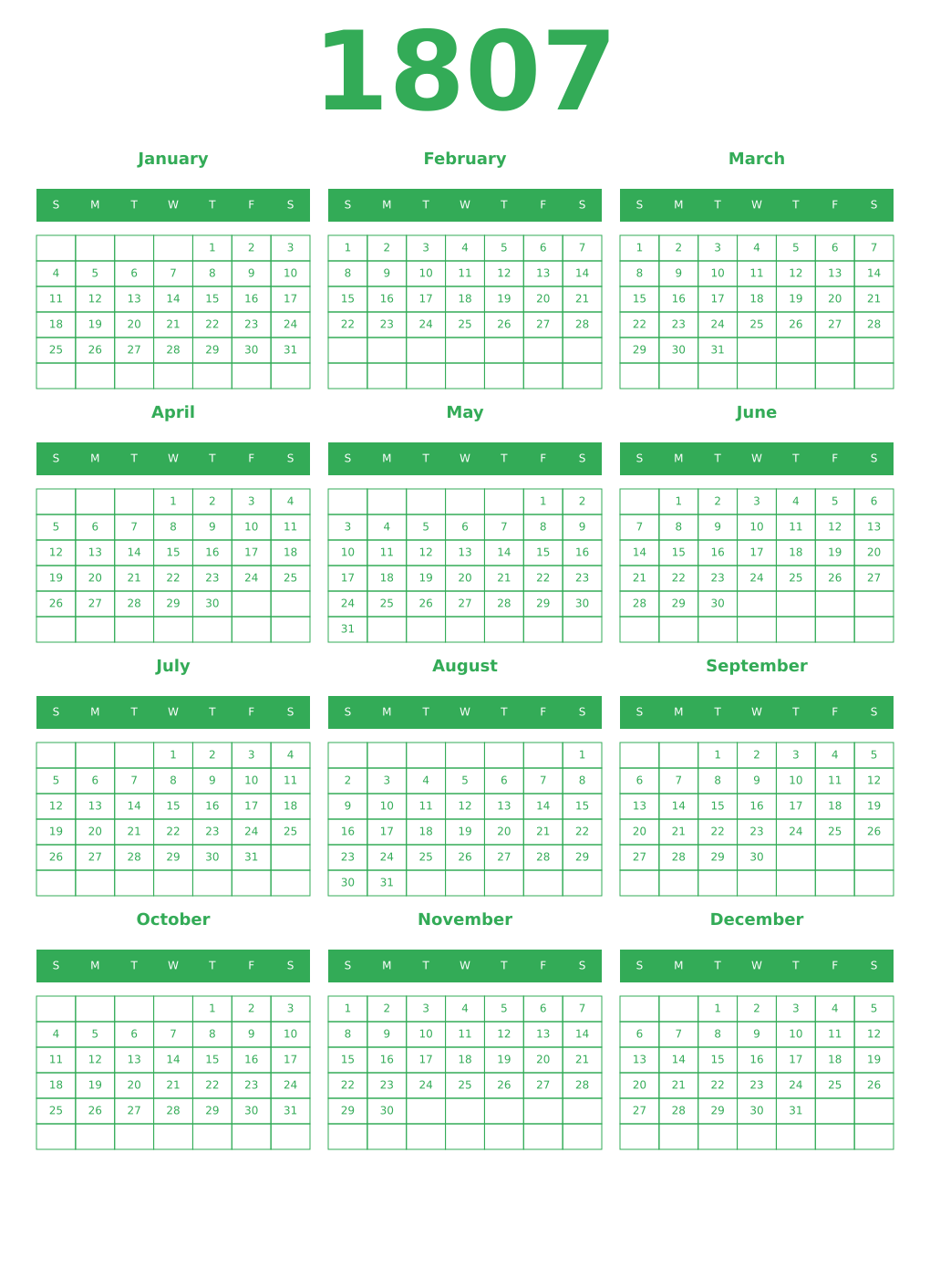 Printable 1807 Year Calendars green