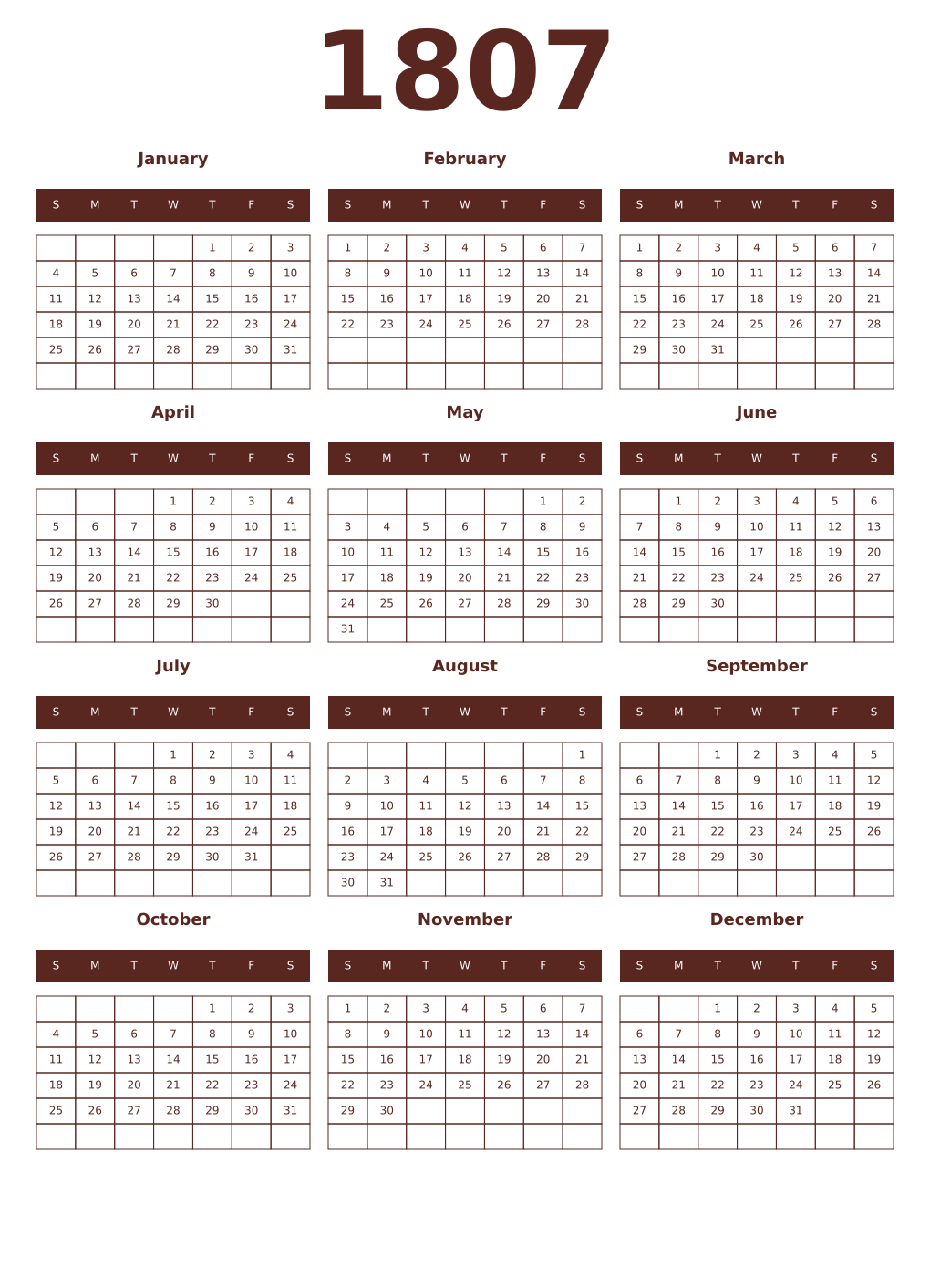 Printable 1807 Year Calendars mortuum