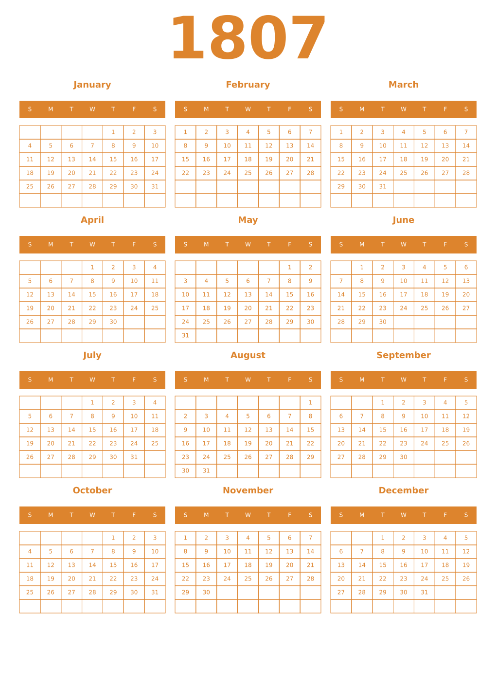 Printable 1807 Year Calendars orange