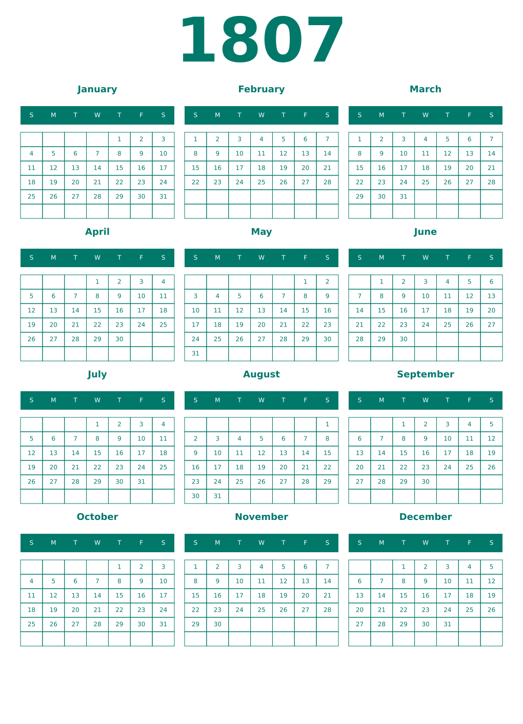 Printable 1807 Year Calendars pastel