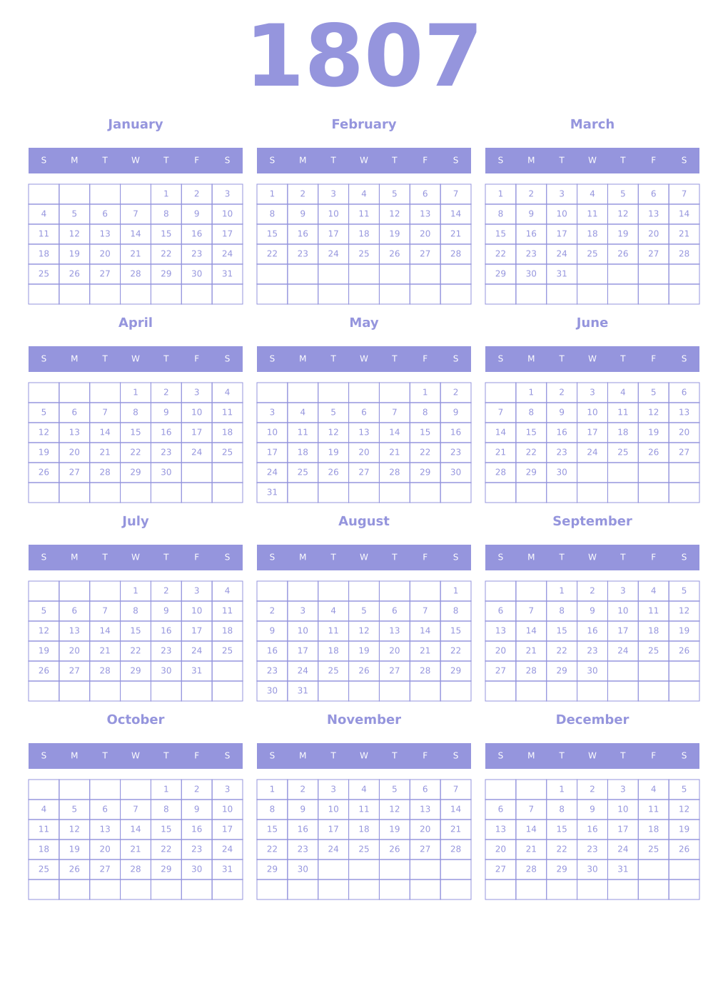 Printable 1807 Year Calendars periwinkle