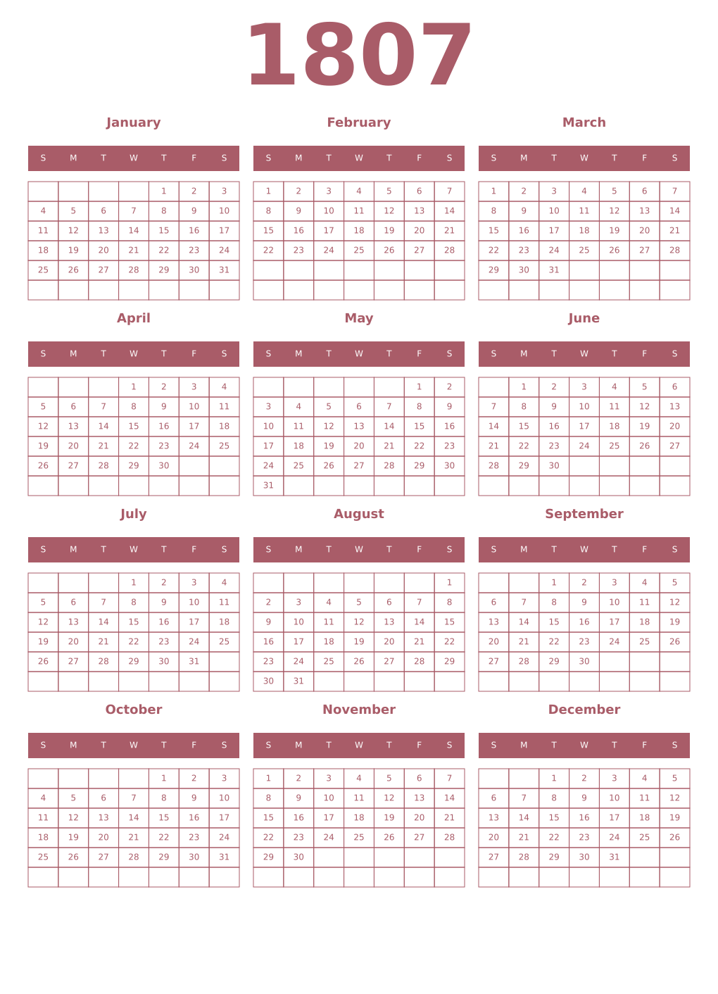 Printable 1807 Year Calendars puce