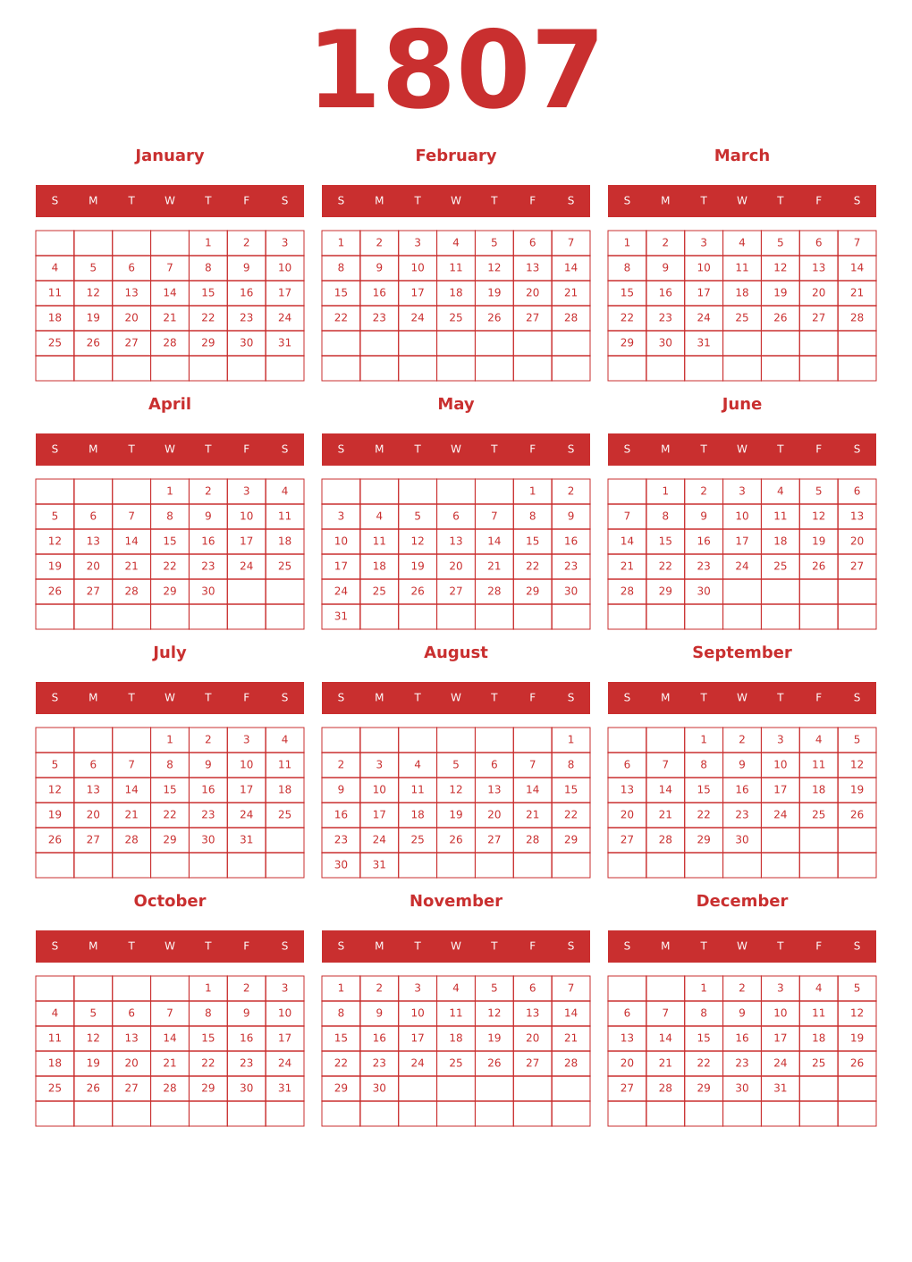 Printable 1807 Year Calendars red