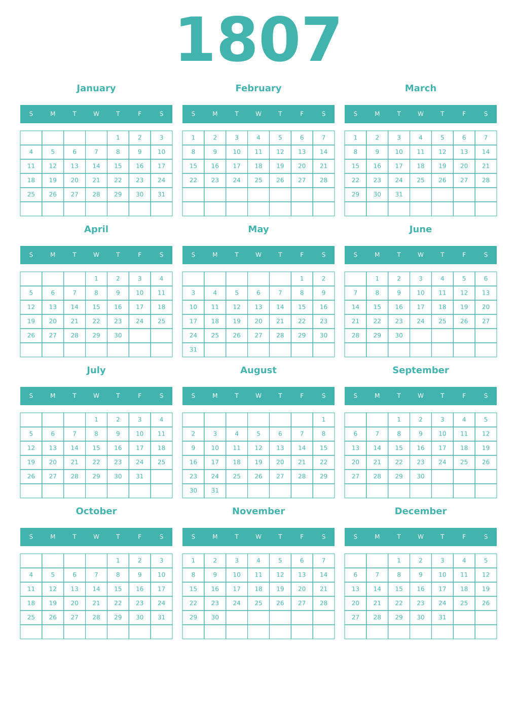Printable 1807 Year Calendars verdigris