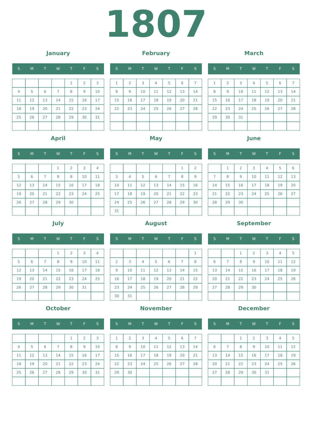 Printable 1807 Year Calendars viridian