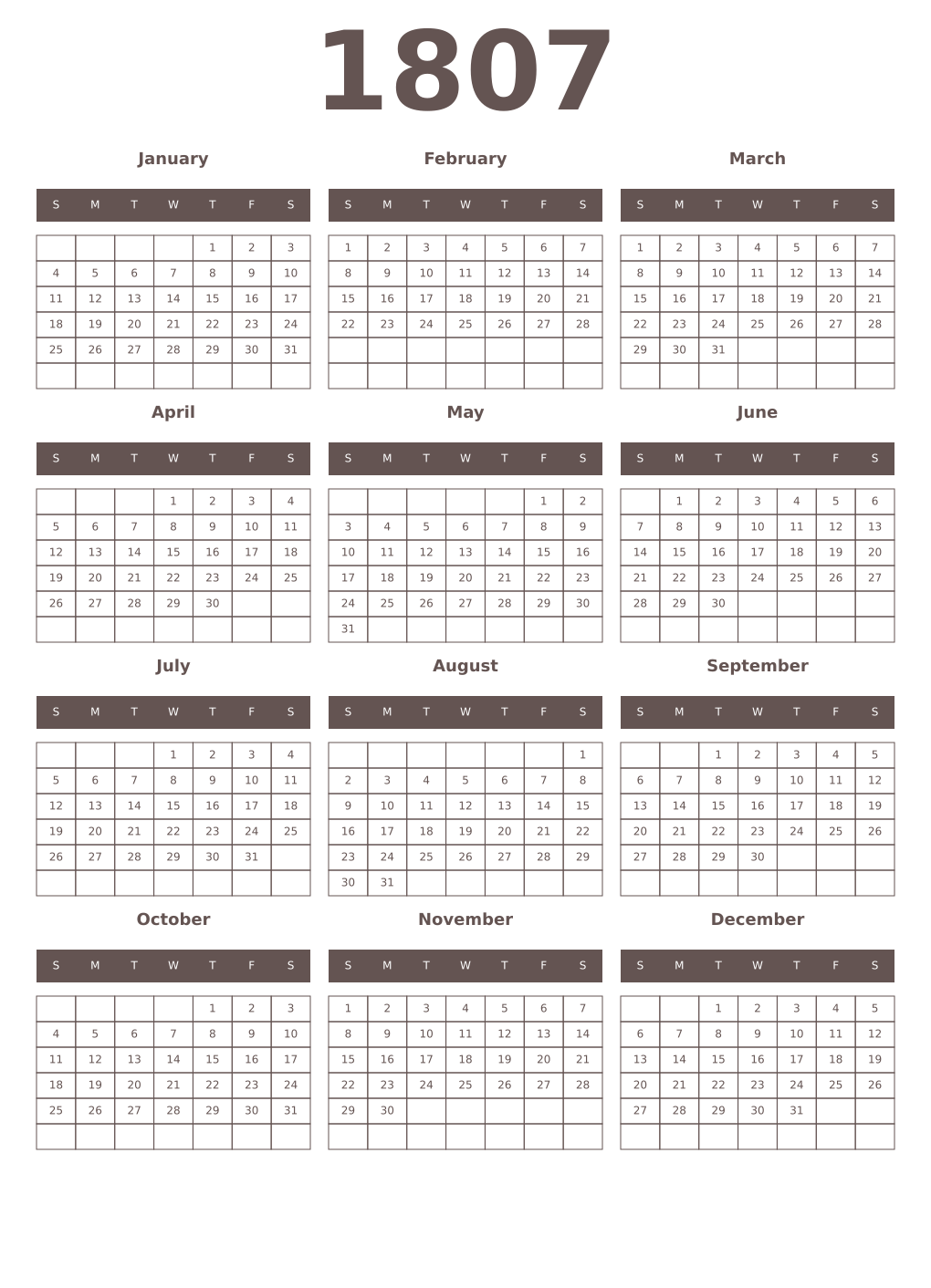 Printable 1807 Year Calendars wenge