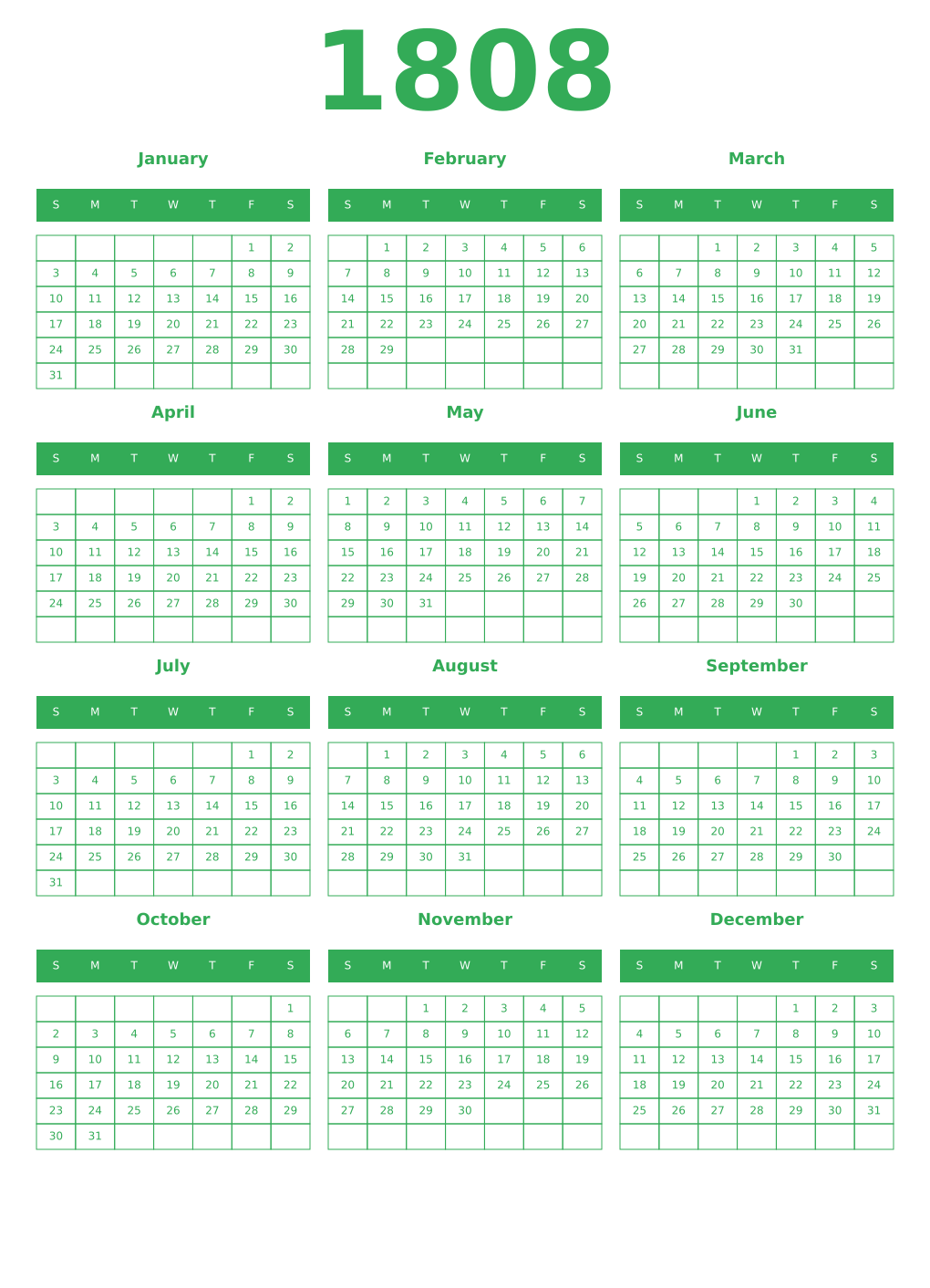 Printable 1808 Year Calendars green