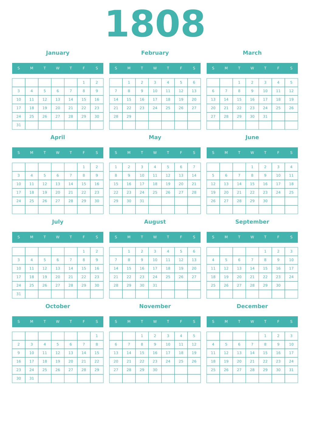 Printable 1808 Year Calendars verdigris
