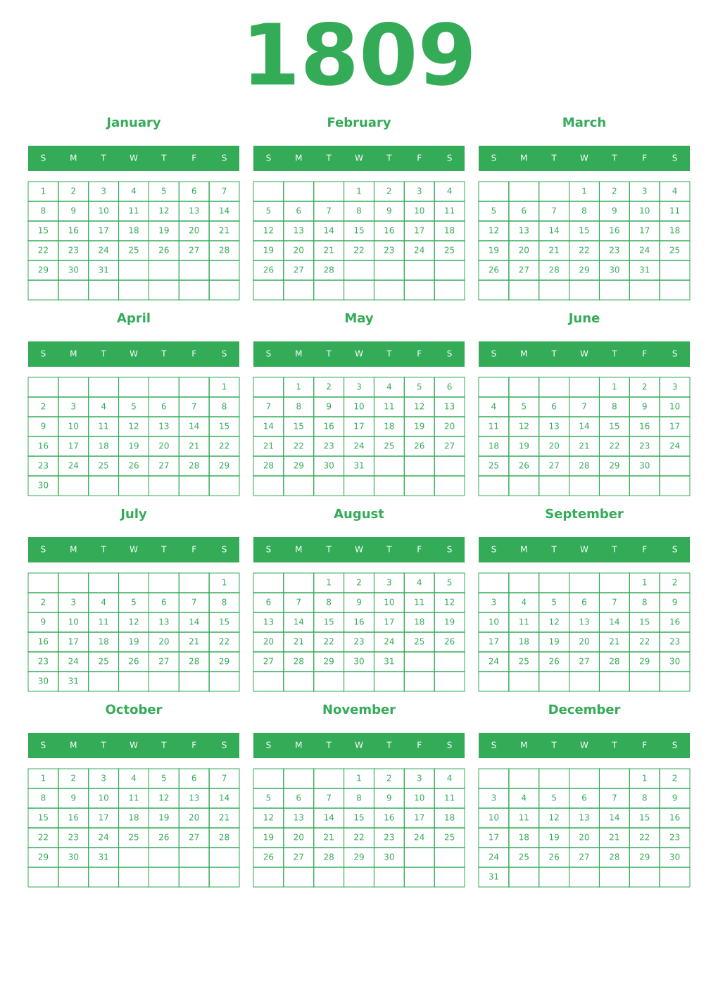 Printable 1809 Year Calendars green