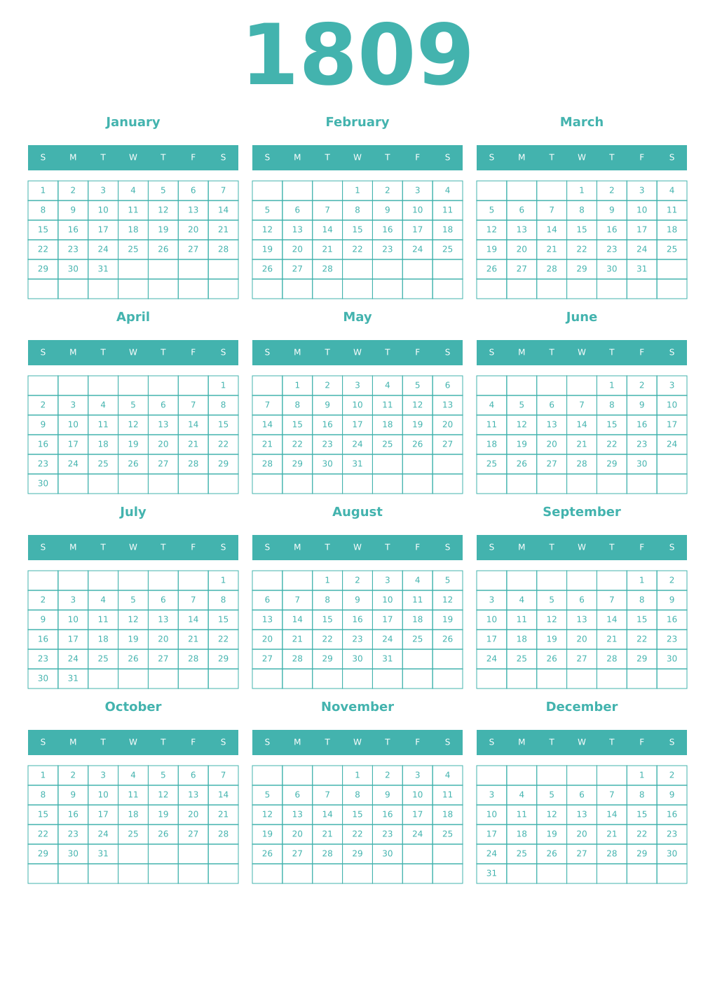 Printable 1809 Year Calendars verdigris