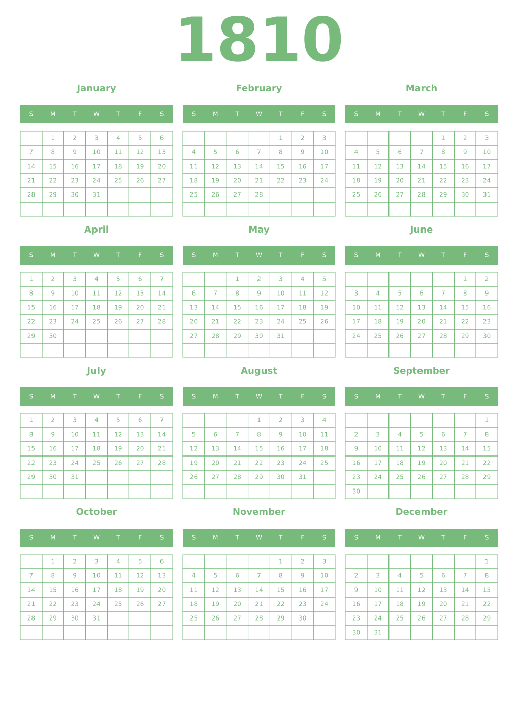 Printable 1810 Year Calendars celadon