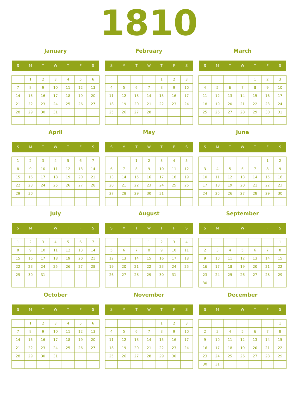 Printable 1810 Year Calendars chartreuse