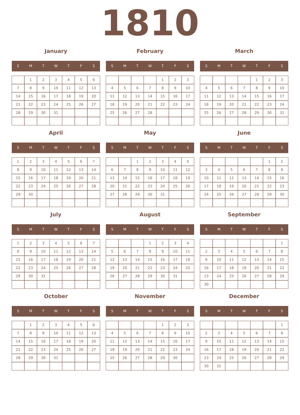 Printable 1810 Year Calendars coffe