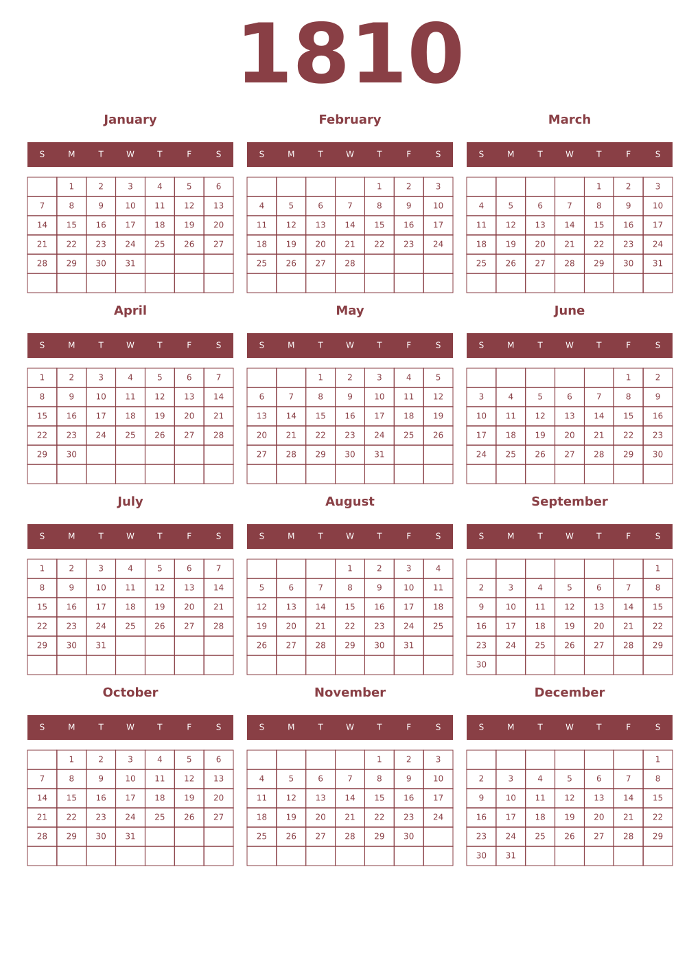 Printable 1810 Year Calendars cordovan
