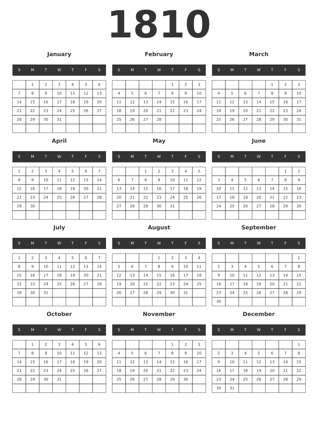 Printable 1810 Year Calendars dark
