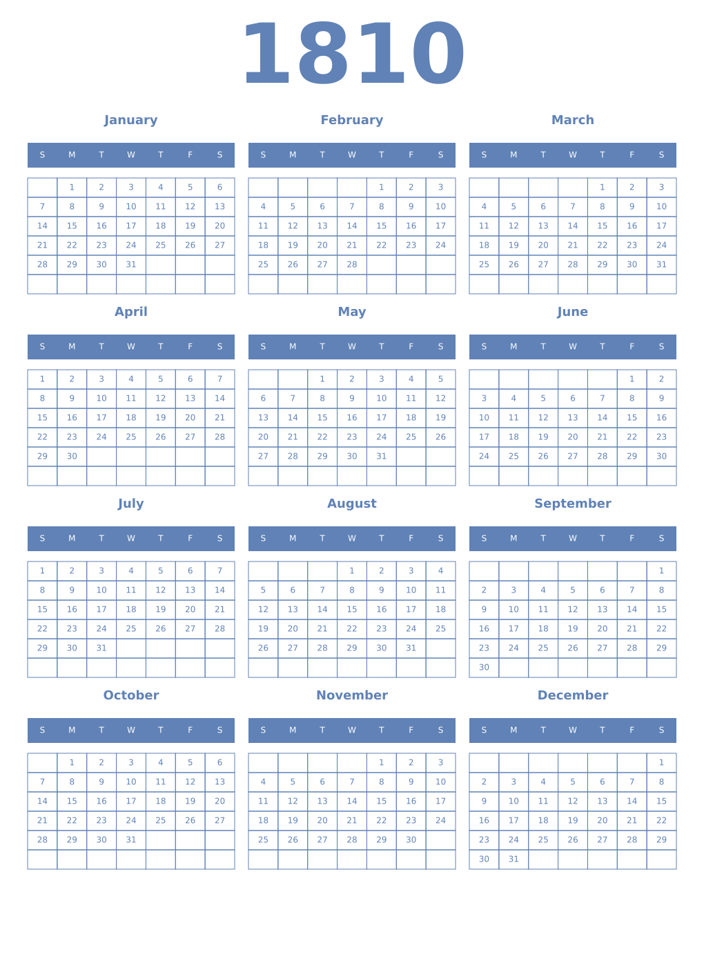 Printable 1810 Year Calendars glaucous