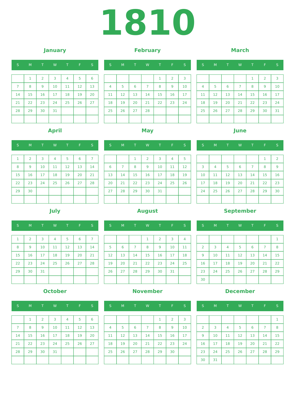 Printable 1810 Year Calendars green