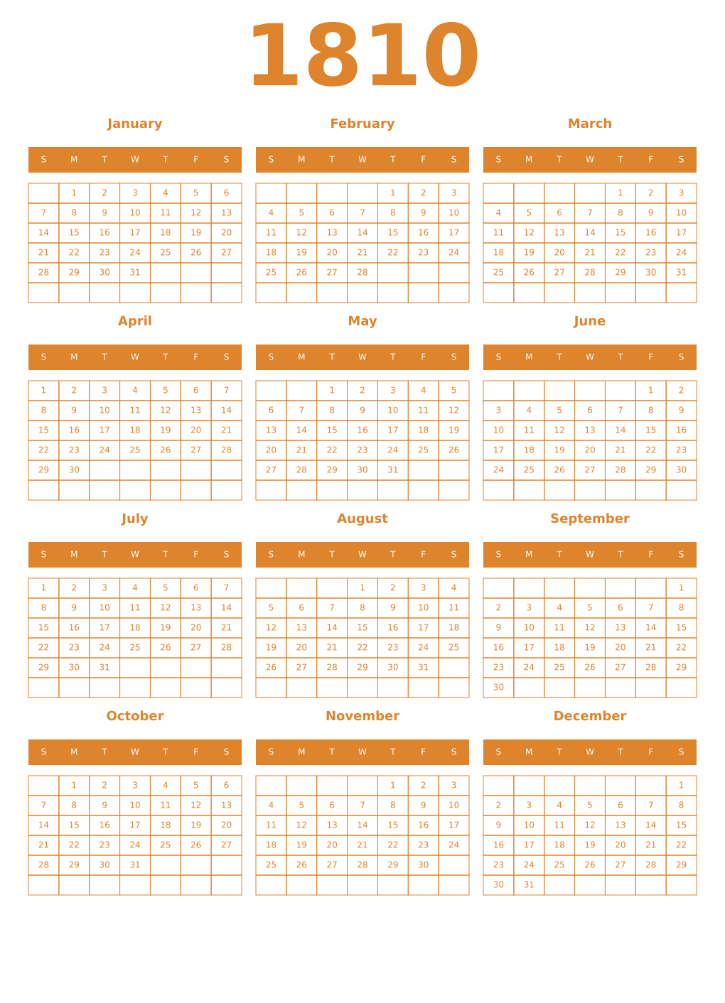 Printable 1810 Year Calendars orange