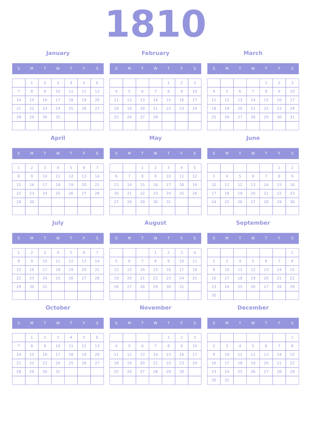Printable 1810 Year Calendars periwinkle