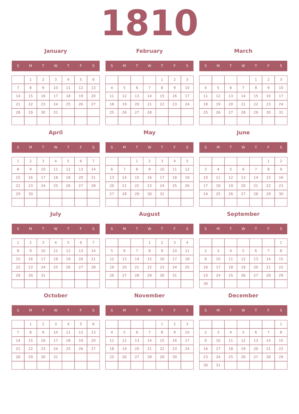 Printable 1810 Year Calendars puce