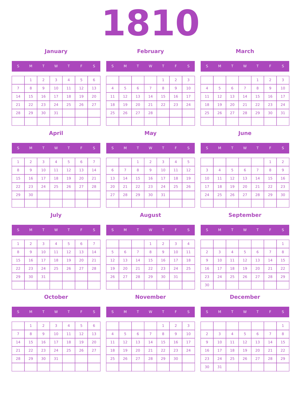 Printable 1810 Year Calendars purple