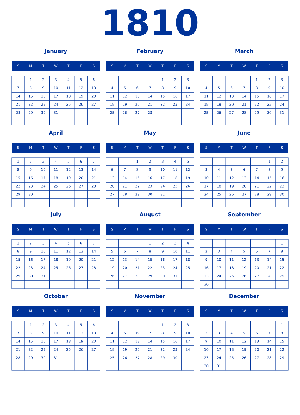 Printable 1810 Year Calendars smalt