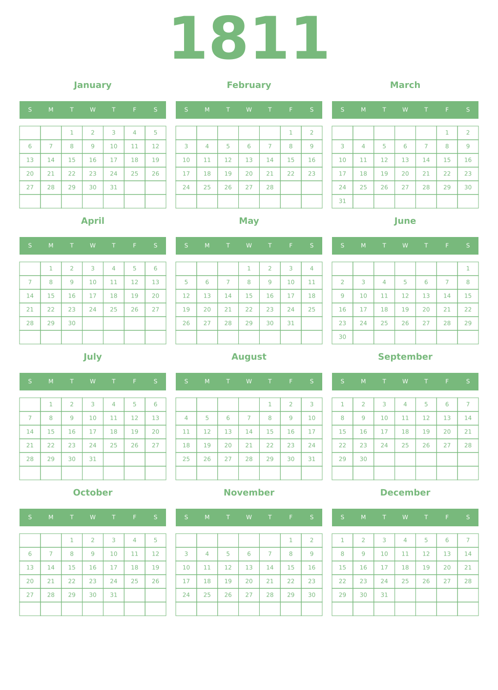 Printable 1811 Year Calendars celadon