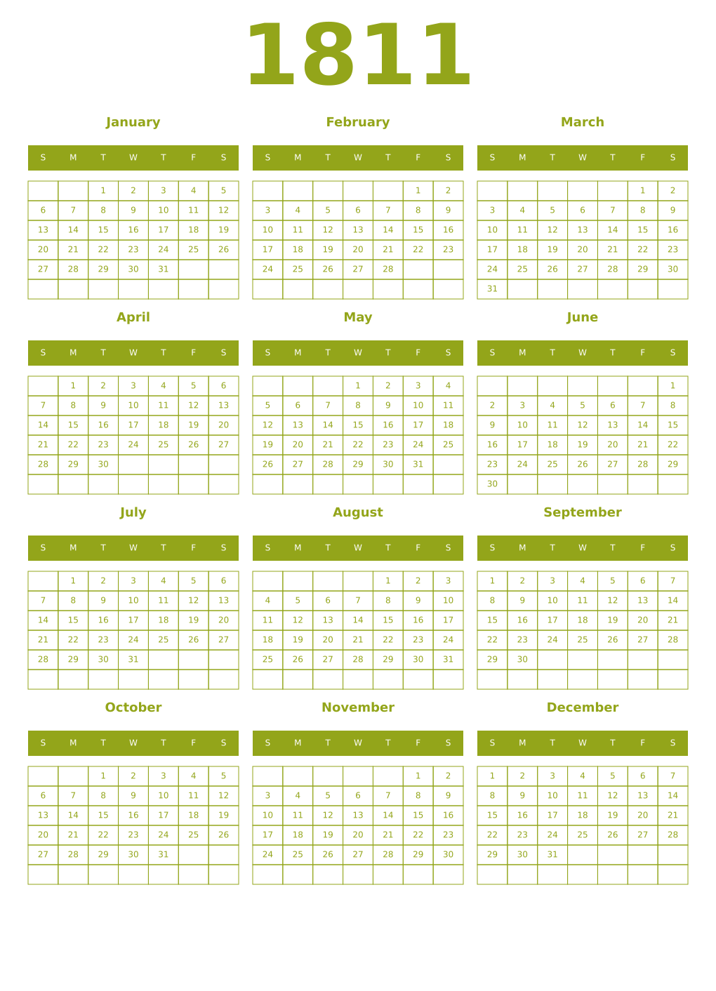 Printable 1811 Year Calendars chartreuse